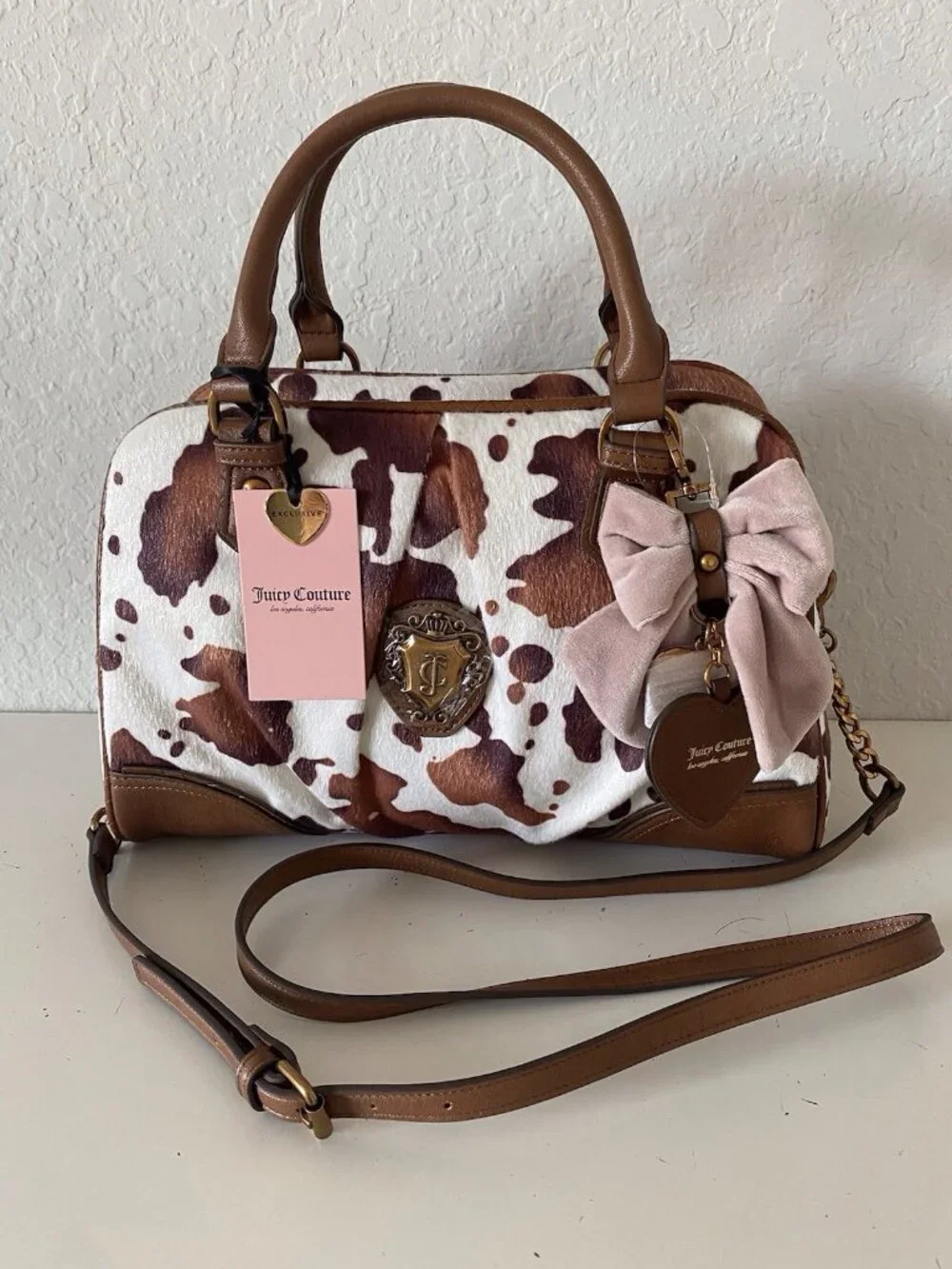 Juicy Couture Romance Cow Print Satchel In‎ Saddle Brown W/Charm Viral NEW